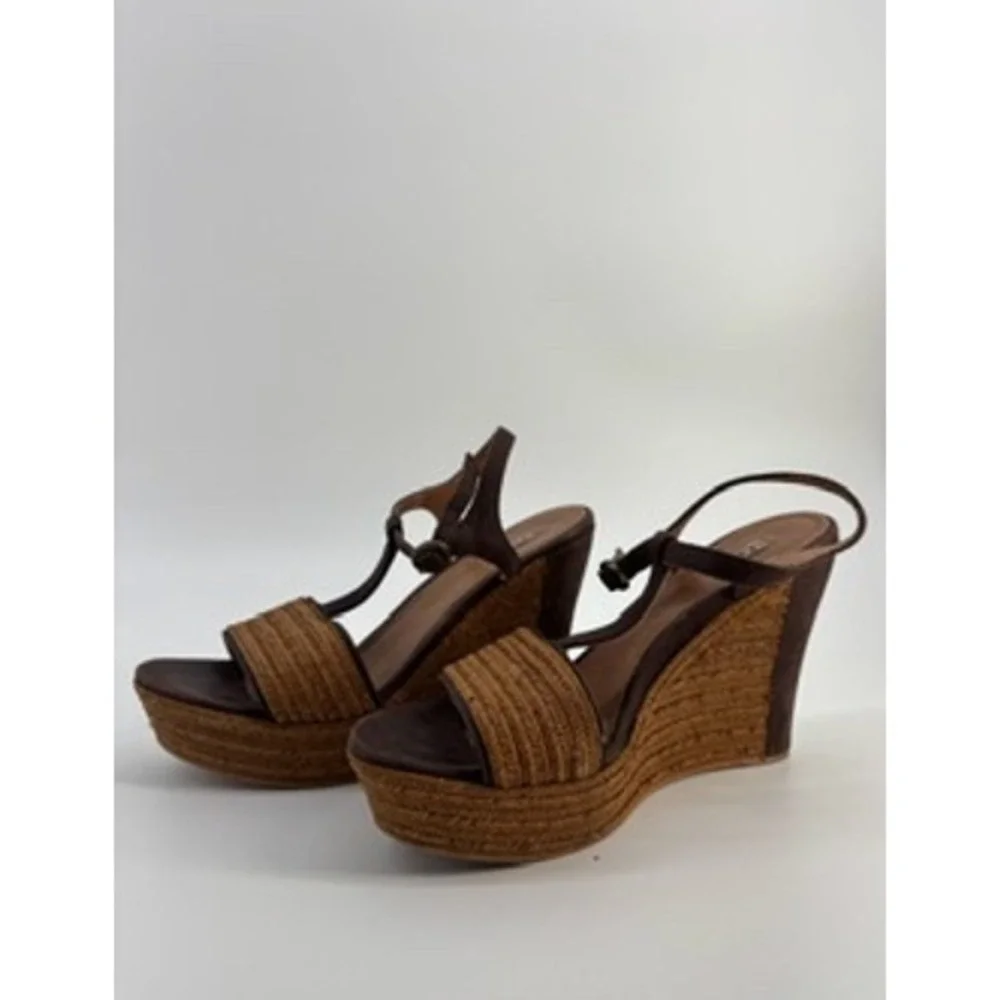 UGG Women Brown Suede Raffia Platform Wedge Sandals T-Strap Ankle Buckle Size7.5